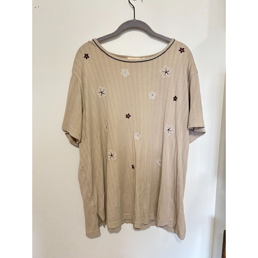 Jaclyn Smith Plus Floral Embroidered Ribbed Top Beige Cottagecore Blouse 2X